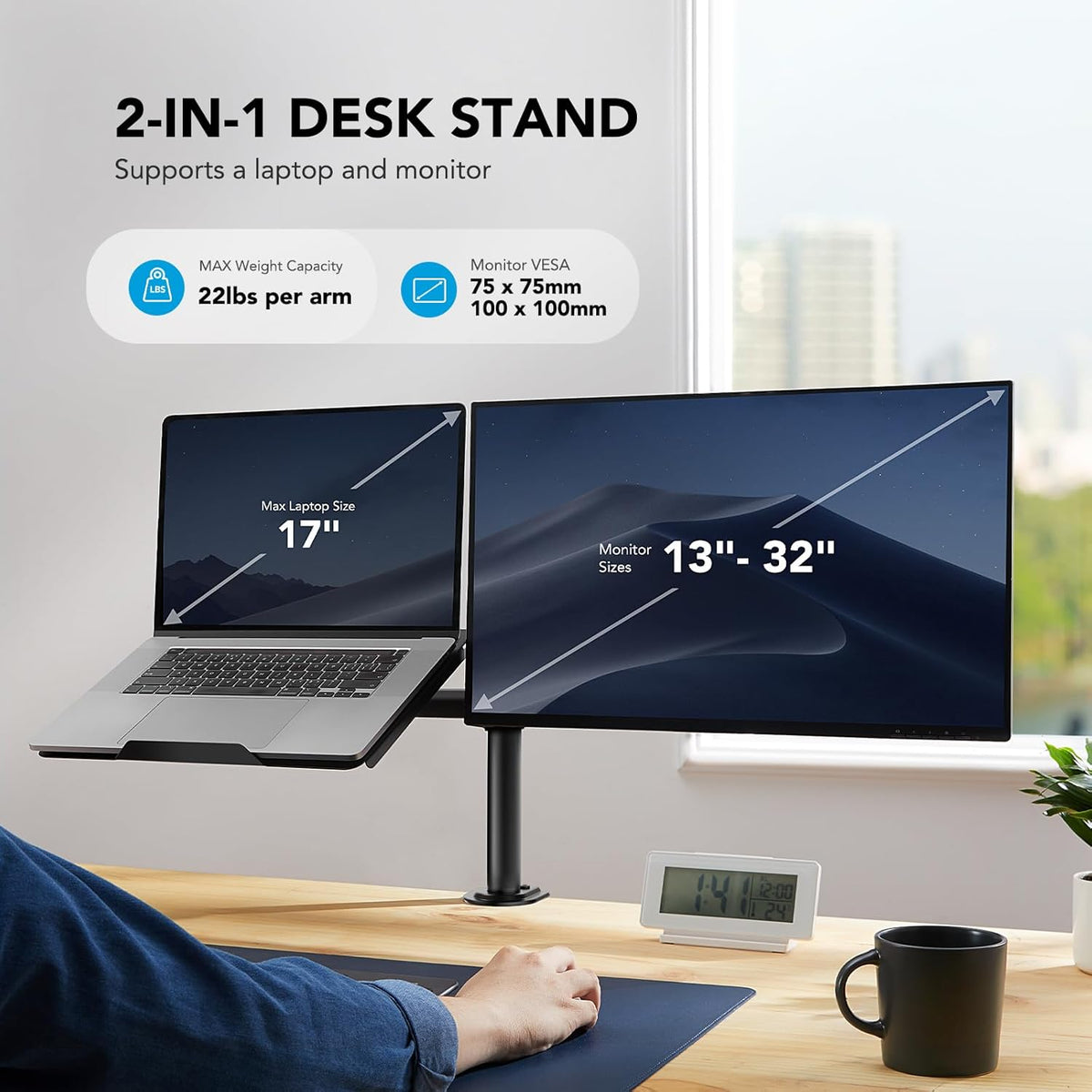 HUANUO Adjustable Monitor Stand, Single Arm Desk Mount for 32 inch Screen and 17 inch Laptop, Heavy Duty Ergonomic Bracket Holds 22lbs