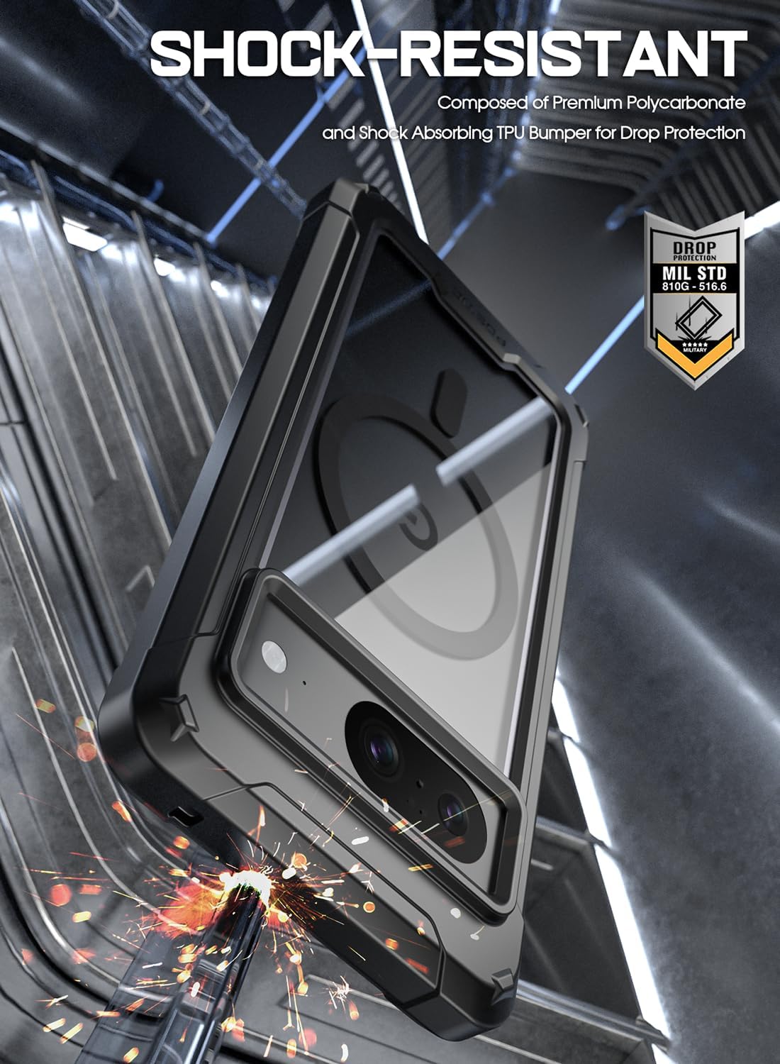 Poetic Guardian MagPro Case for Pixel 8 5G, 6.2", Full Body Shockproof Bumper, Built-in Screen Protector, Black/Clear.