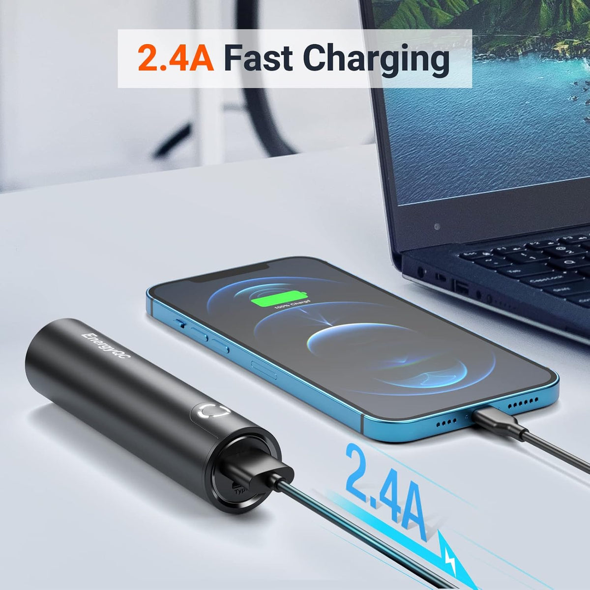 EnergyQC Fast Charging Portable Charger 5000mAh, External Battery Power Bank for iPhone, Samsung Galaxy, More