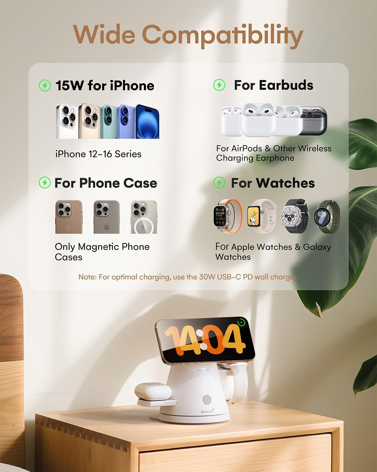 ZEEHOO 4 in 1 Wireless Charging Station for Apple,Mag-Safe Charger&Dimmable Light,Qi2 15W Rotating Fast Wireless Charger for iPhone 16,15,14,13,12&Pixel 10&iWatch&Samsung Watch&AirPods(30W Adapter)