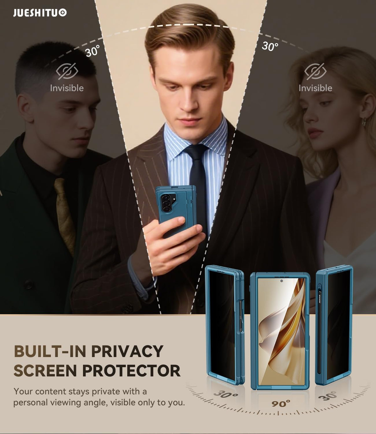 JUESHITUO for Samsung Z Fold 7 Case with MagSafe Compatibility, Privacy Tempered Glass & Hinge Protection, Shockproof Cover for Galaxy Z Fold 7, Includes S Pen Holder(No S Pen) & Kickstand, Blue