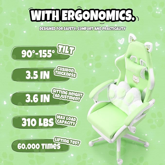 Gaming Chair Cute with Cat Ears Paw Lumbar and CushionErgonomic Computer Chair with FootrestReclining PC Game Chair for Girl Computer Chair 300lbs for Adult (Green)