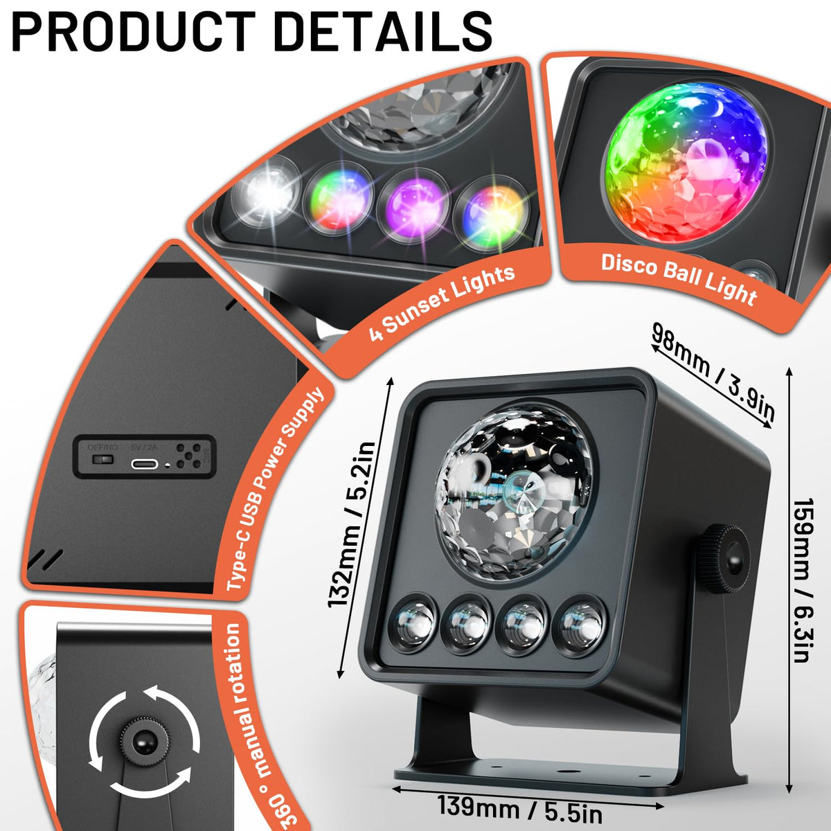 Disco Ball Light Party Lights, Sunset Lamp Dj Disco Light with 6 Working Modes 5 DIY Button Strobe Light Stage Lights Remote Control Disco Ball Lamps