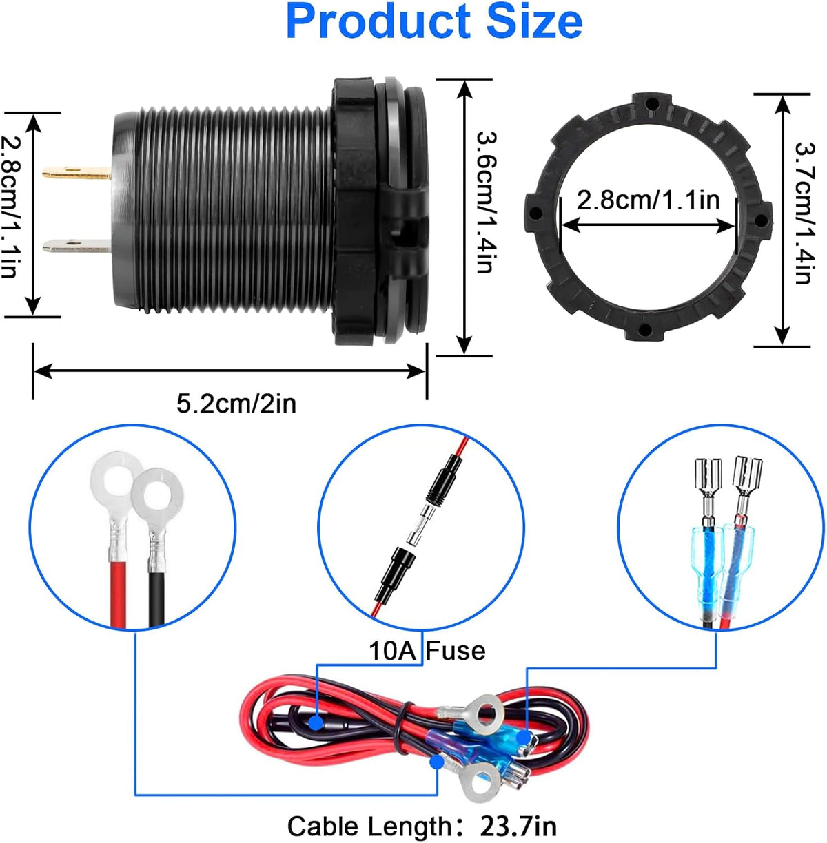 12V 60W USB C Car Charger Socket, 30W PD Type-C & Dual QC 3.0 USB Socket Port, Quick Charge Socket with Touch Switch