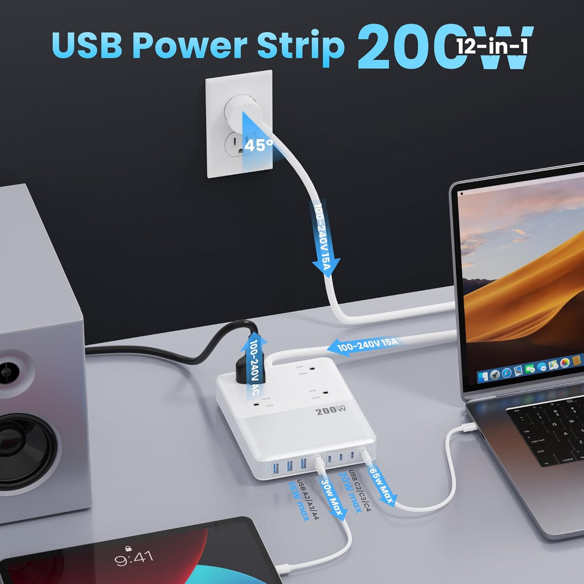 12-in-1 Charging Station USB C Power Strip with 5ft Cord,200W GaN IV USB C Charger Block,4 AC Outlets,4 USB-A,4 USB-C for MacBook,iPhone 16/15/14,Fast Charging Desktop Charger for Office (A-White)