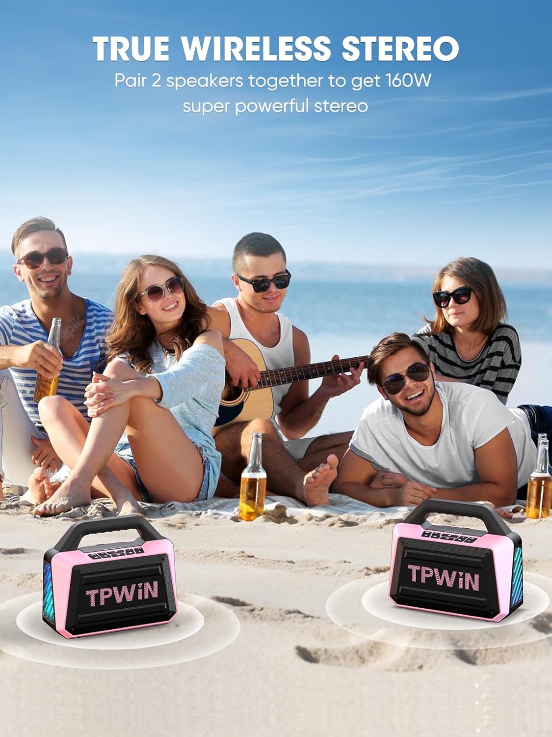Wireless Bluetooth Speakers - Portable Speaker 80W Peak, 20H Playtime, Light Shows, Loud Speaker with Strong Bass, BT 5.3, TWS, IPX6 Waterproof for Home Travel Outdoor Beach Camping - Pink