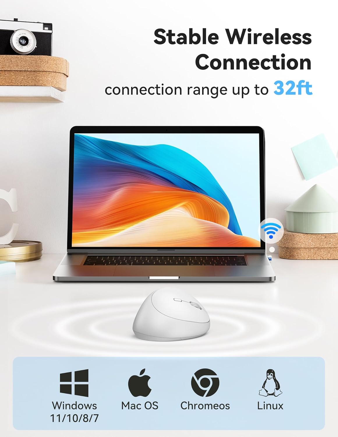 TECKNET Wireless Mouse, 5 Adjustable DPI Levels, 6 Buttons, 4800 DPI Wireless Vertical Mouse, 2.4G Silent Wireless Mouse for Laptop, PC, Chromebook, Mac - Light White