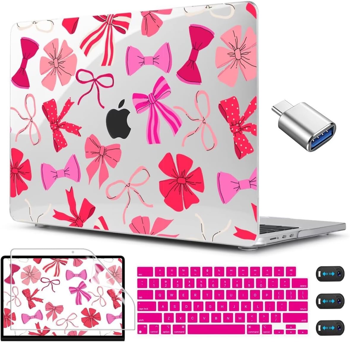CISSOOK Compatible with MacBook Air 13.6 inch Case 2025 2024 2023 2022 Release A3240 A3113 A2681, Plastic Hard Shell Case Keyboard Cover Screen Protector for MacBook Air 13inch M2 M3 M4, Pink Bows