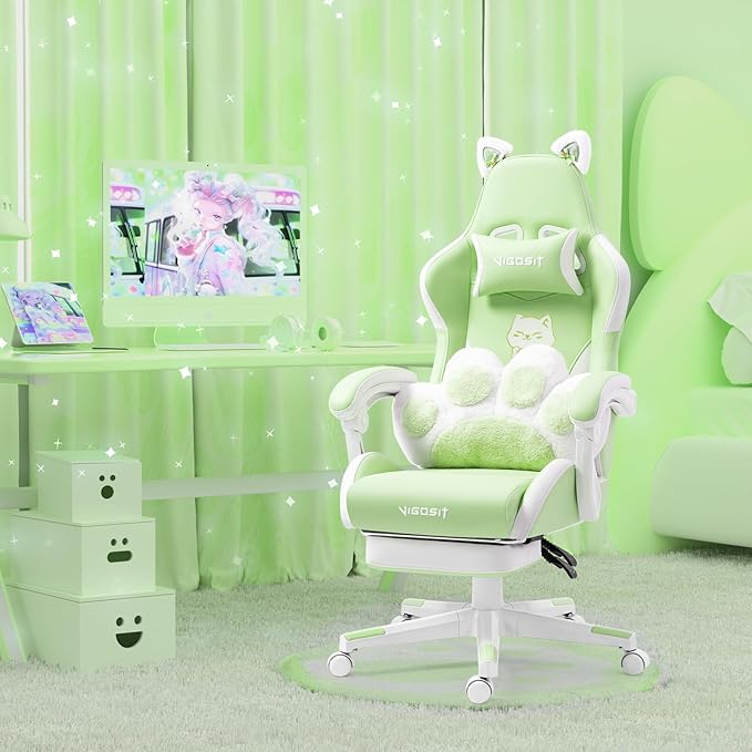 Gaming Chair Cute with Cat Ears Paw Lumbar and CushionErgonomic Computer Chair with FootrestReclining PC Game Chair for Girl Computer Chair 300lbs for Adult (Green)