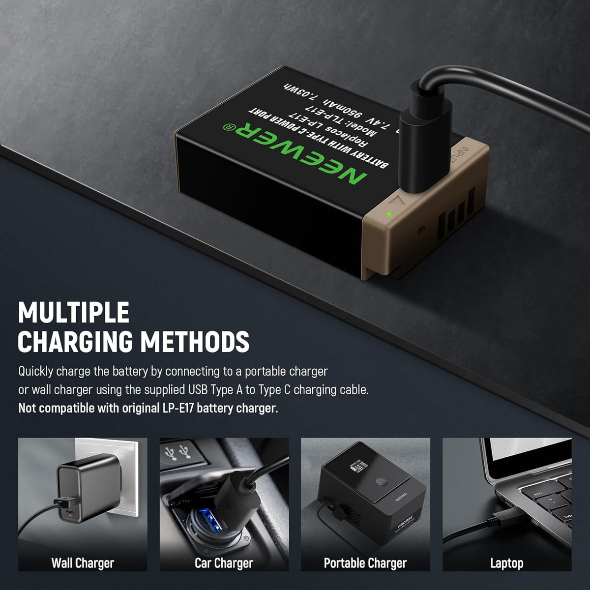 NEEWER 950mAh LP-E17 Replacement Battery for Canon EOS R50 R8 RP R10 R100, USB Type C Fast Charging