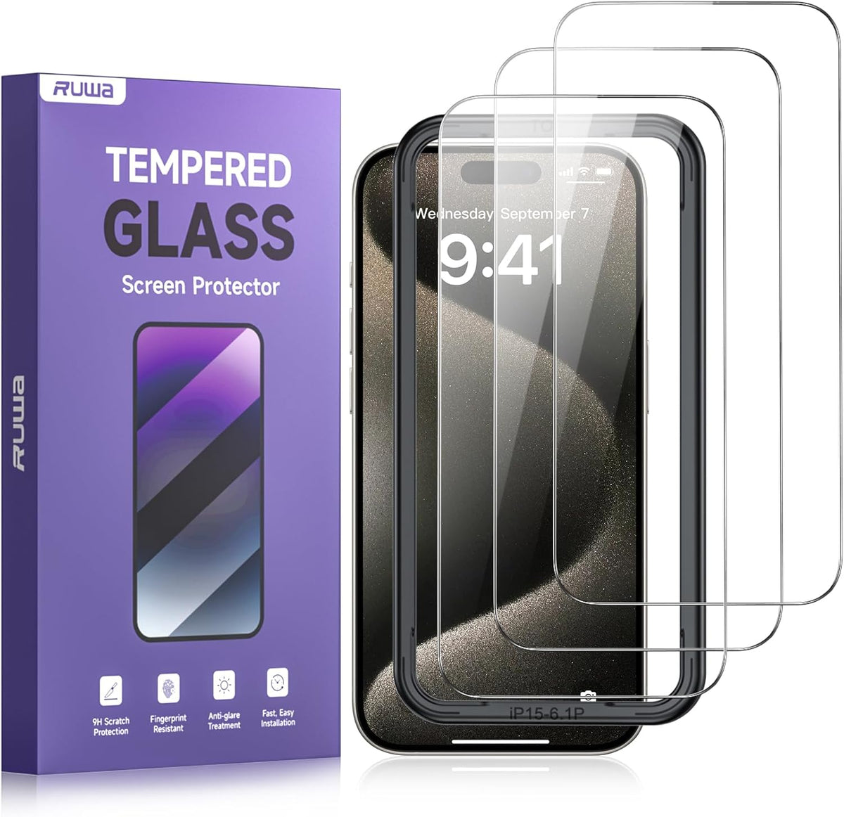 Screen Protector for iPhone 15 Pro [3-Pack] [6.1 Inch] HD Clear Tempered Glass Film with Installation Frame