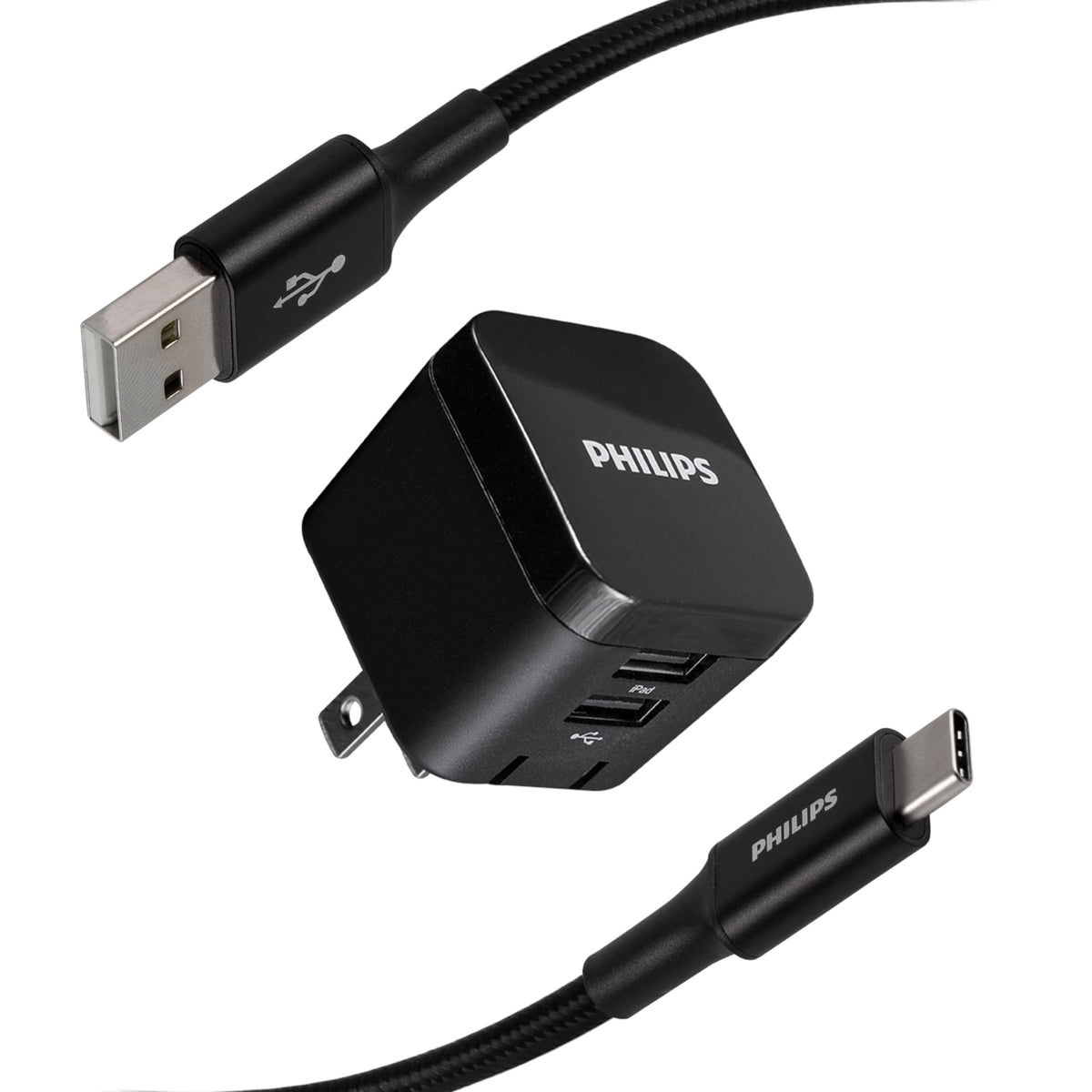 Philips USB Wall Charging Kit, 12W USB A to C Charger Block with 6ft Braided Cord Foldable Plug DLP6212C/37