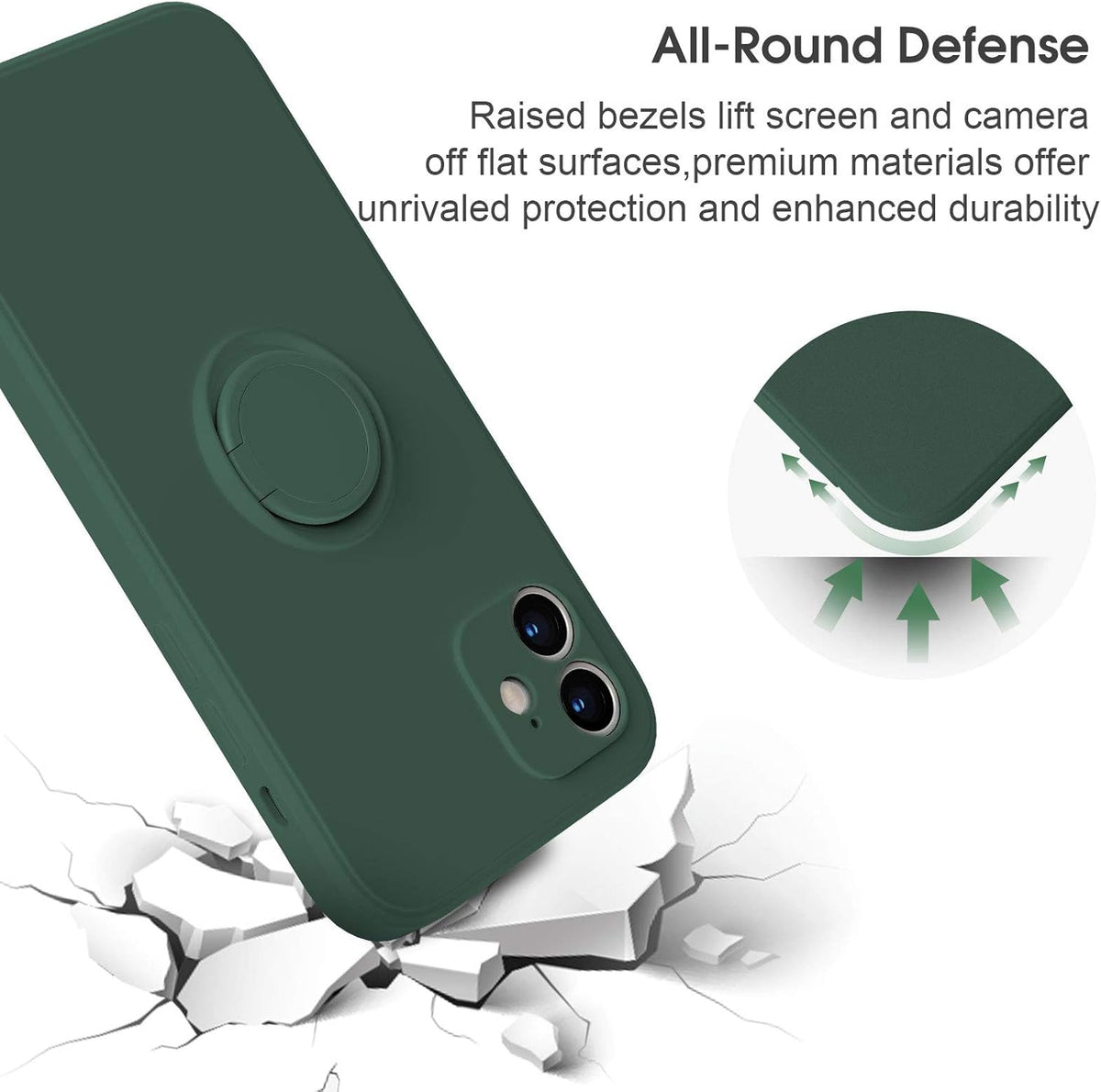 ABITKU iPhone 12 Case Compatible, Silicone with 360° Ring Kickstand Holder (Army Green) Soft Microfiber Cloth 6.1 inch