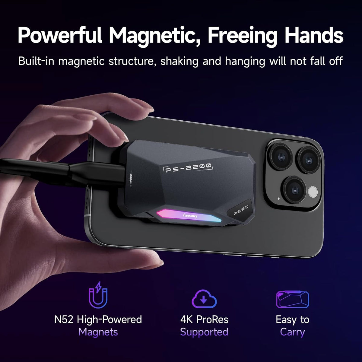 2TB Magnetic Portable SSD,2050MB/s Type-C USB 3.2 Gen 2x2 External SSD,4K ProRes Record and Store,Aluminum alloy,RGB Touch Lighting,External Solid State Drive for iPhone15/16/Android/PC/Mac -PS2200