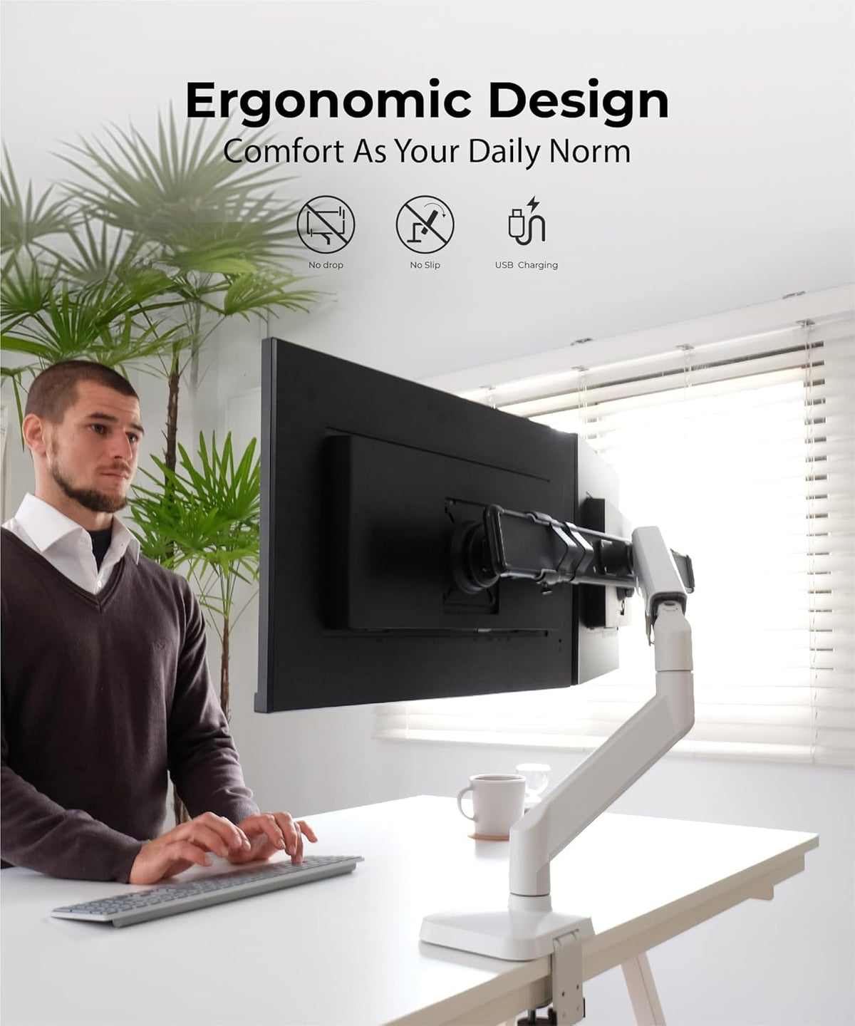 Dual Monitor Arm Desk Mount with Gas Spring & USB Charging, Fits 17–32” inches Screens up to 33 lbs, VESA 75x75/100x100, Crossbar Handle for Easy Adjustment, Black, Dual