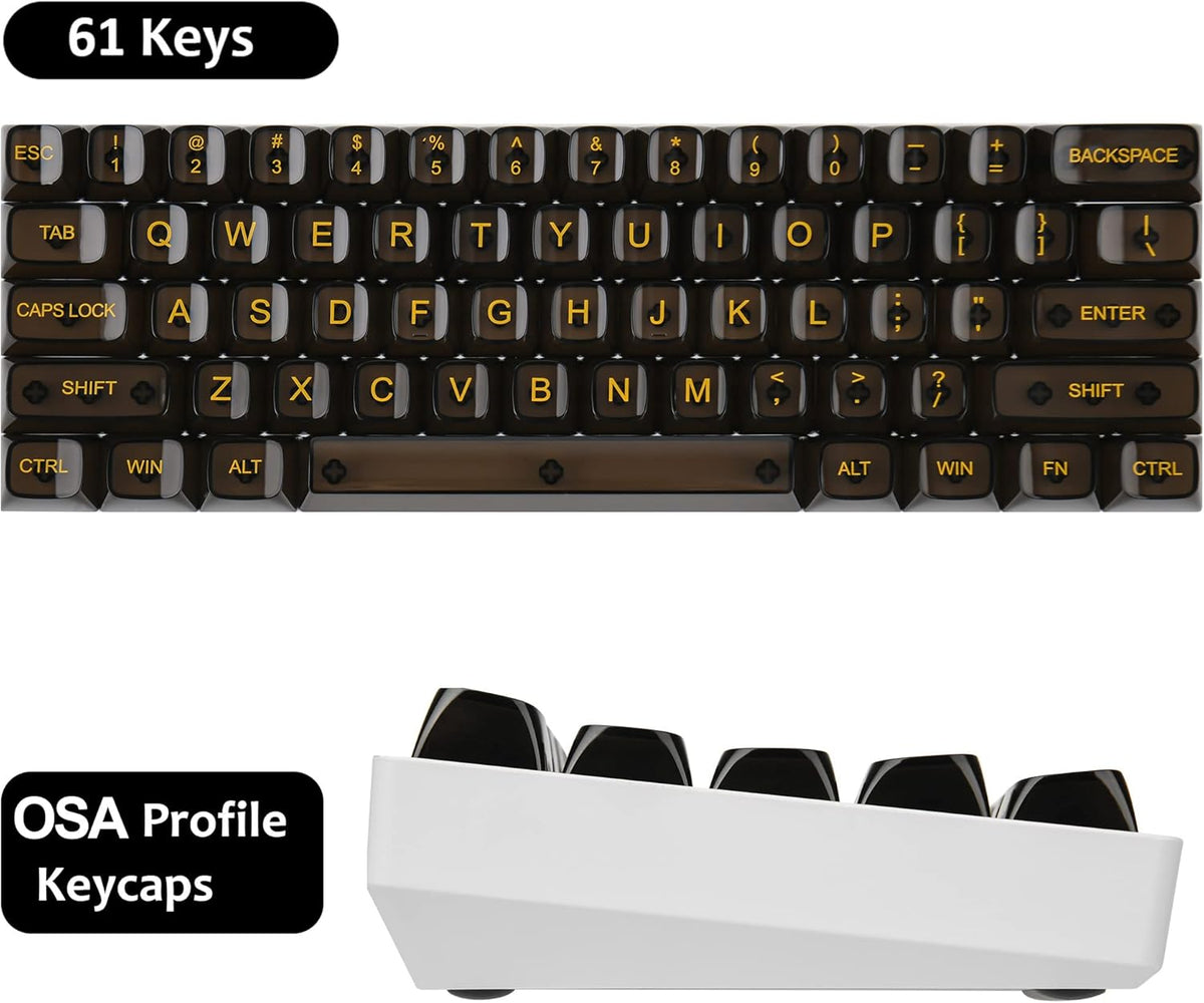 Fogruaden 61 Keys Black Clear Keycap Set, OSA Profile Transparent PC Material Keycaps, Compatible with 61 Key Cherry
