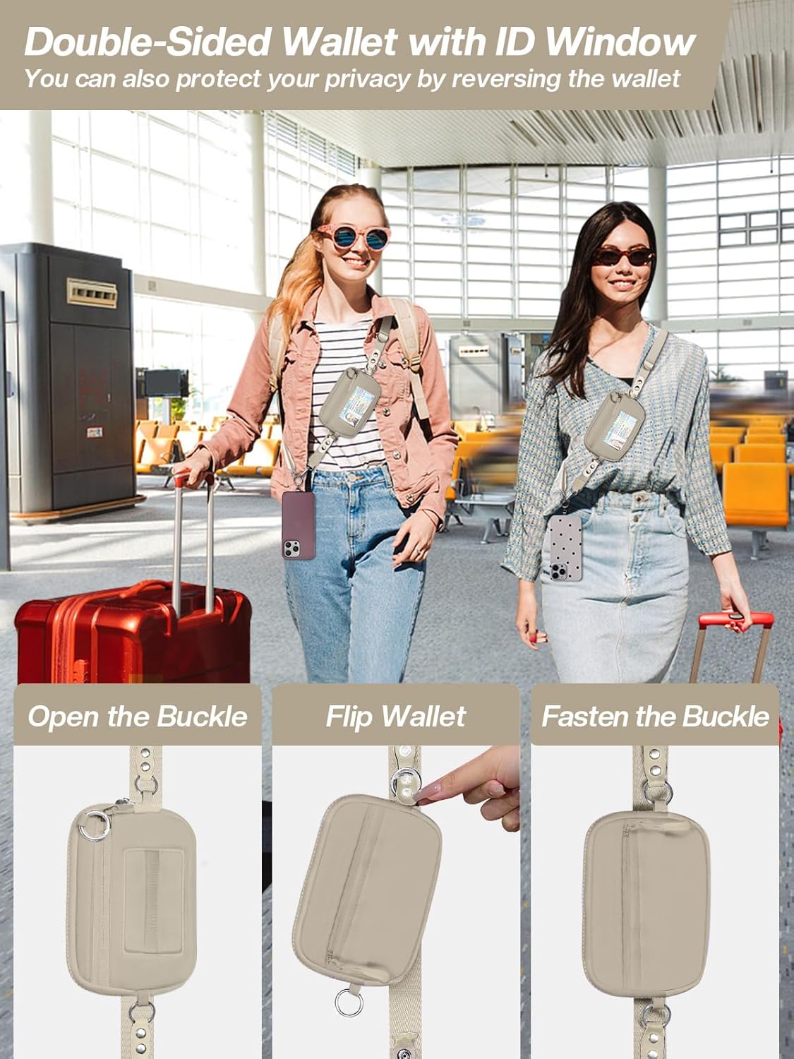 Clip and Go Strap for Phone with Wallet Crossbody Phone Lanyard Adjustable and Detachable RFID Wristlet Wallet with ID Window and Zipper, Khaki