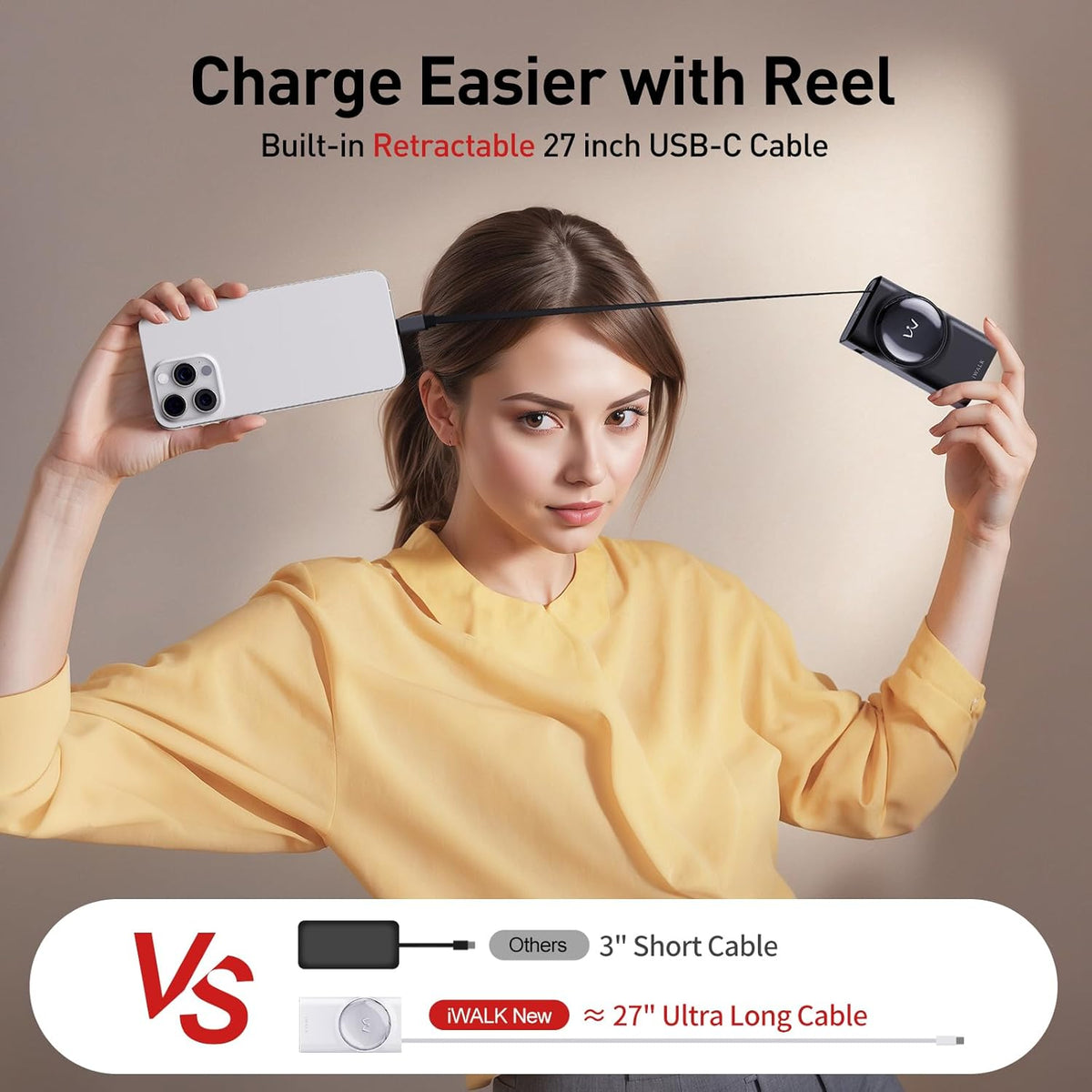iWALK Reel Power Bank Built-in 2.3ft Retractable Cable, 10,000mAh PD 30W Fast Charging Portable Charger, 3-Output