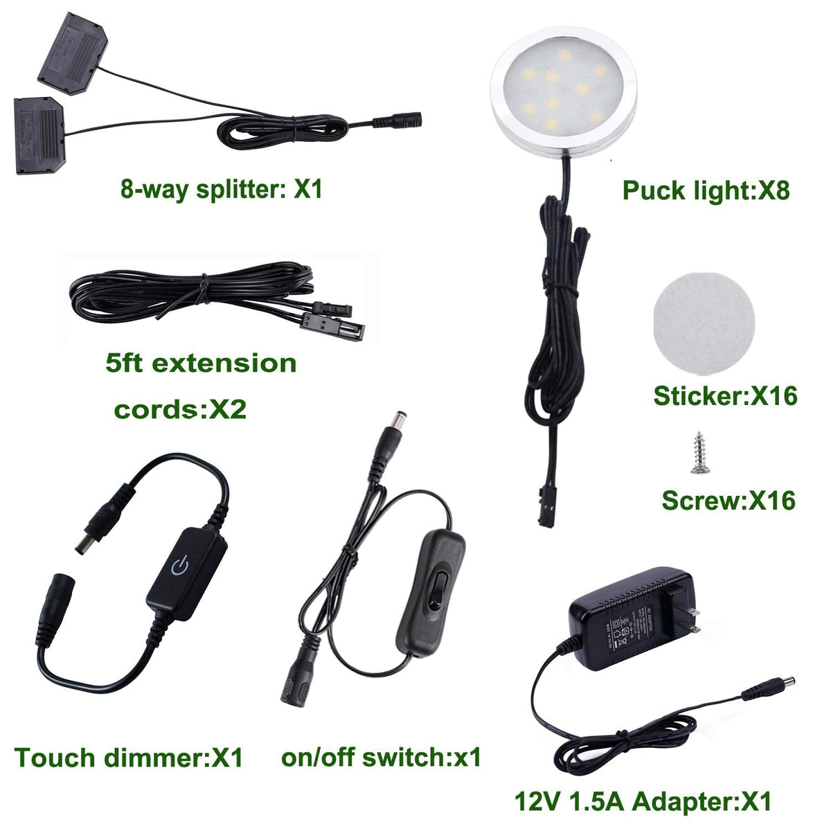 AIBOO LED Under Cabinet Puck Lights Kit with Touch Dimming Switch for Accent Display in Cabinet Lighting (8 Lights,Warm White)