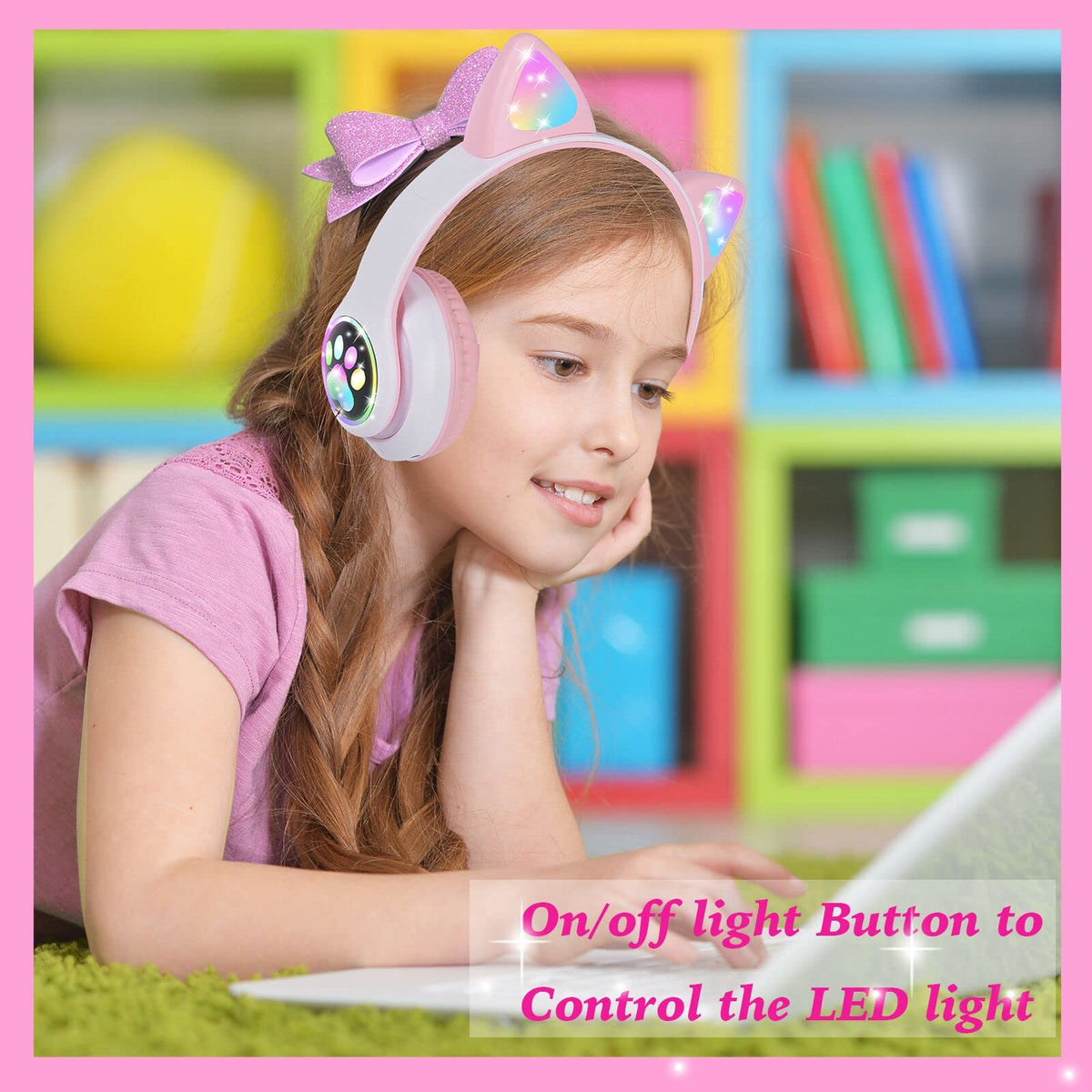 kuyaon Wireless Headphones for Kids, Cat Ear LED Light Up Bluetooth Kids Headphones with Microphone for School/Travel/Sports/Gaming/Gifts/Christmas