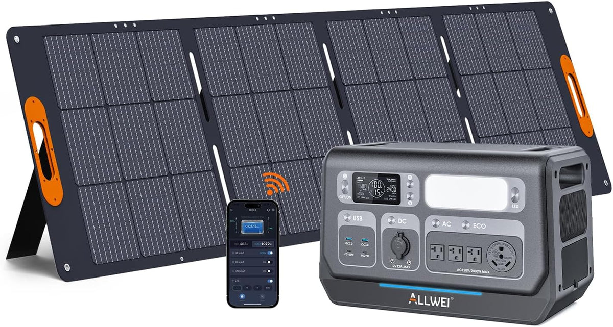 ALLWEI Solar Generator 2400W with 1x 200W Solar Panel, 2048Wh LiFePO4 Portable Power Station, Fast Charge in 1.5H, 4 AC Outlet, Expandable to 10240Wh for RV Camping Home Backup Outdoor Power Outage