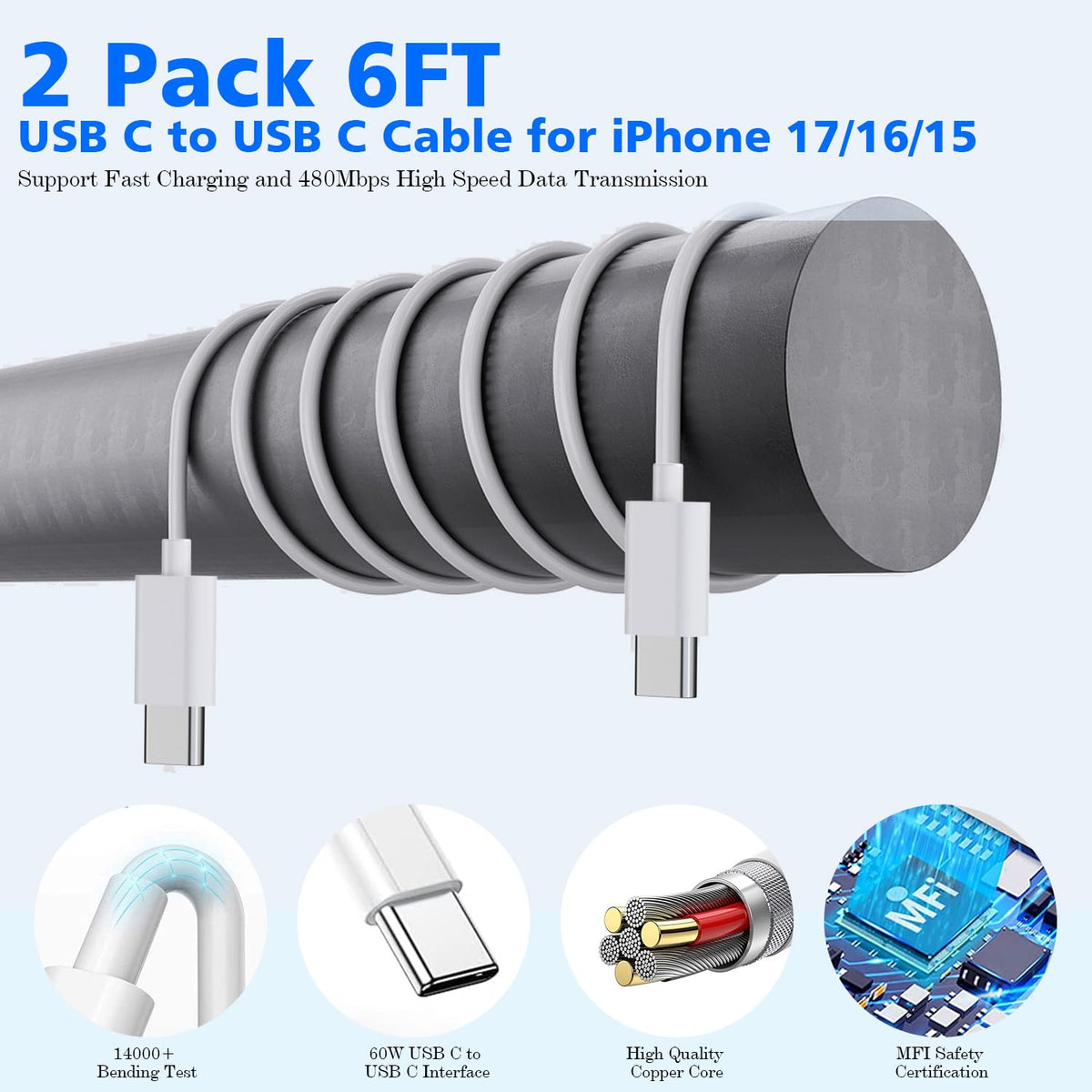 iPhone Charger Fast Charging,[Apple MFi Certified] 45W Dual Quick Apple Charger 2Pack 6FT Type C Block USB C to C Cable for iPhone 17E/17