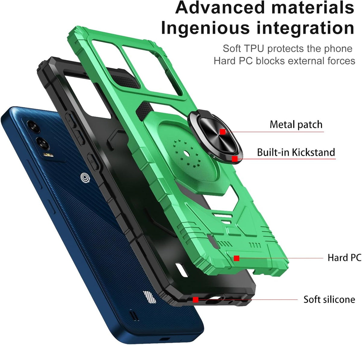 Ailiber Heavy Duty Phone Case for BLU View Speed B1550VL, with Screen Protector & Ring Kickstand, Green.