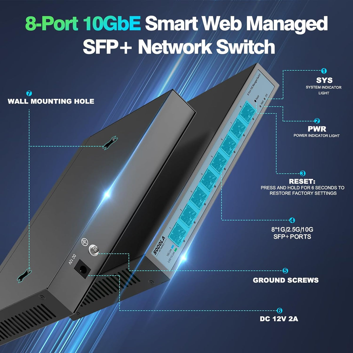 SODOLA 8 Port 10G Web Managed Switch, 8X10G SFP+ Ports, Link Aggregation/QoS/VLAN/IGMP, Wall Mounted Fanless 10Gb Multi-gig Network Switch（SFP Ports Only