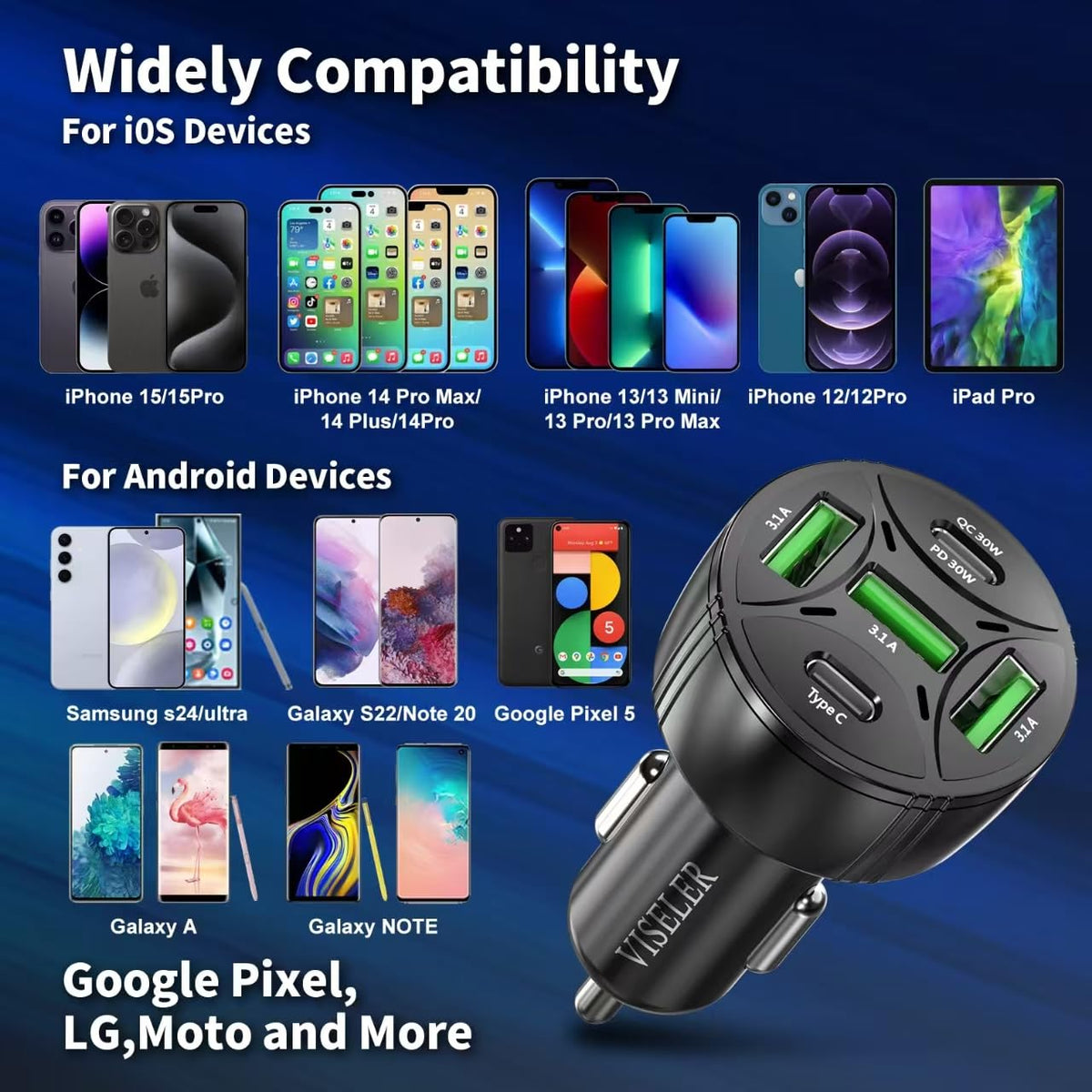 USB C Car Charger Adapter, PD 3.0 Charger, 5 USB QC 3.0 Car Phone Chager Fast Charging for iPhone 17, Galaxy S24 and Other USB Device. (2Pack)