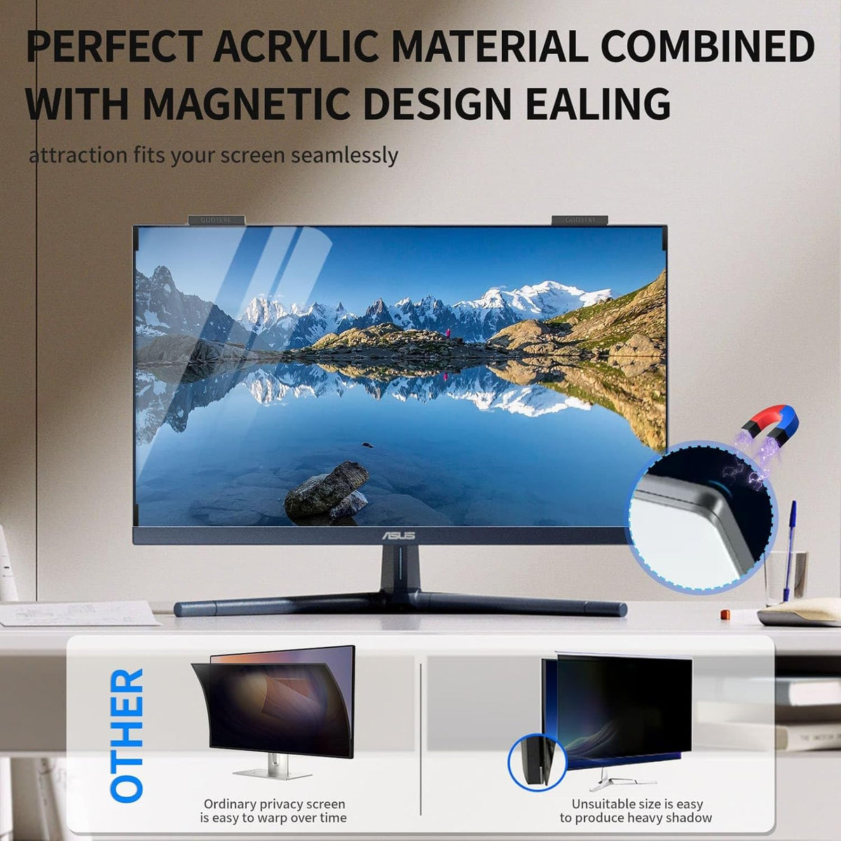 Magnetic Computer Privacy Screen 23.8 inch, Hanging Privacy Screen for Computer Monitor for 16:9 Frameless Monitor, Acrylic Eye Protection Anti Glare Blue Light Computer Screen Privacy Filter