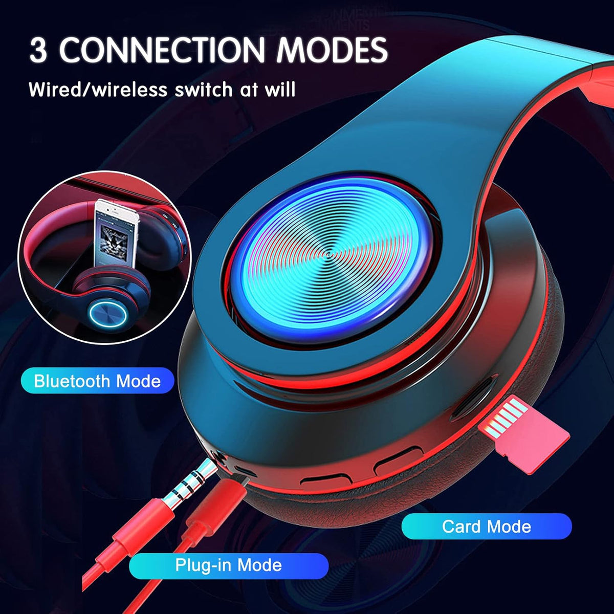 Bluetooth Over Ear Headphones with Deep Bass, LED Foldable Stereo, Wired and Wireless Headset for Smart Phone/TV/PC