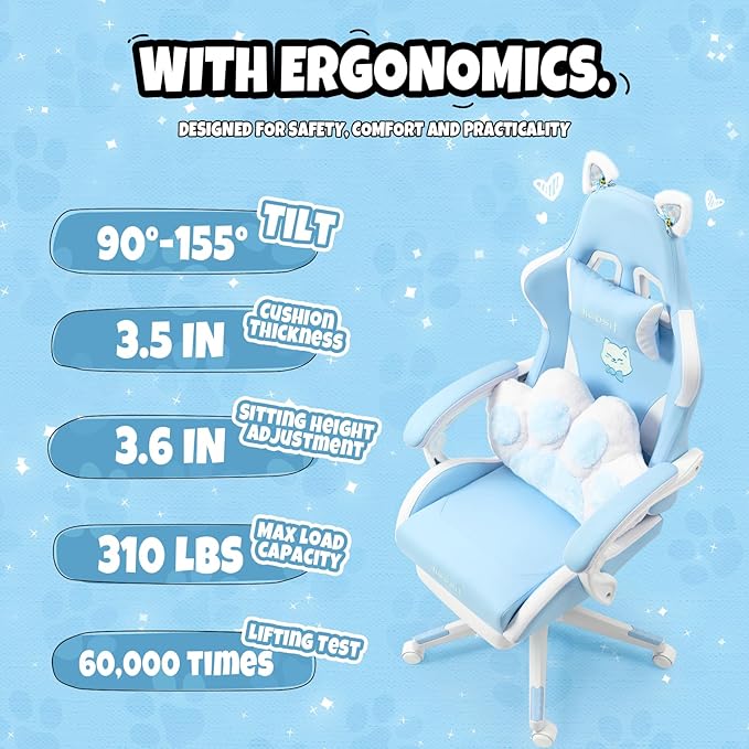 Cute Gaming Chair with Cat Paw Lumbar Cushion and Cat Ears Kawaii Pink Computer Chair with Footrest Ergonomic PC Video Anime Gaming Chairs Recliner for Kids Girls Teens (Blue)