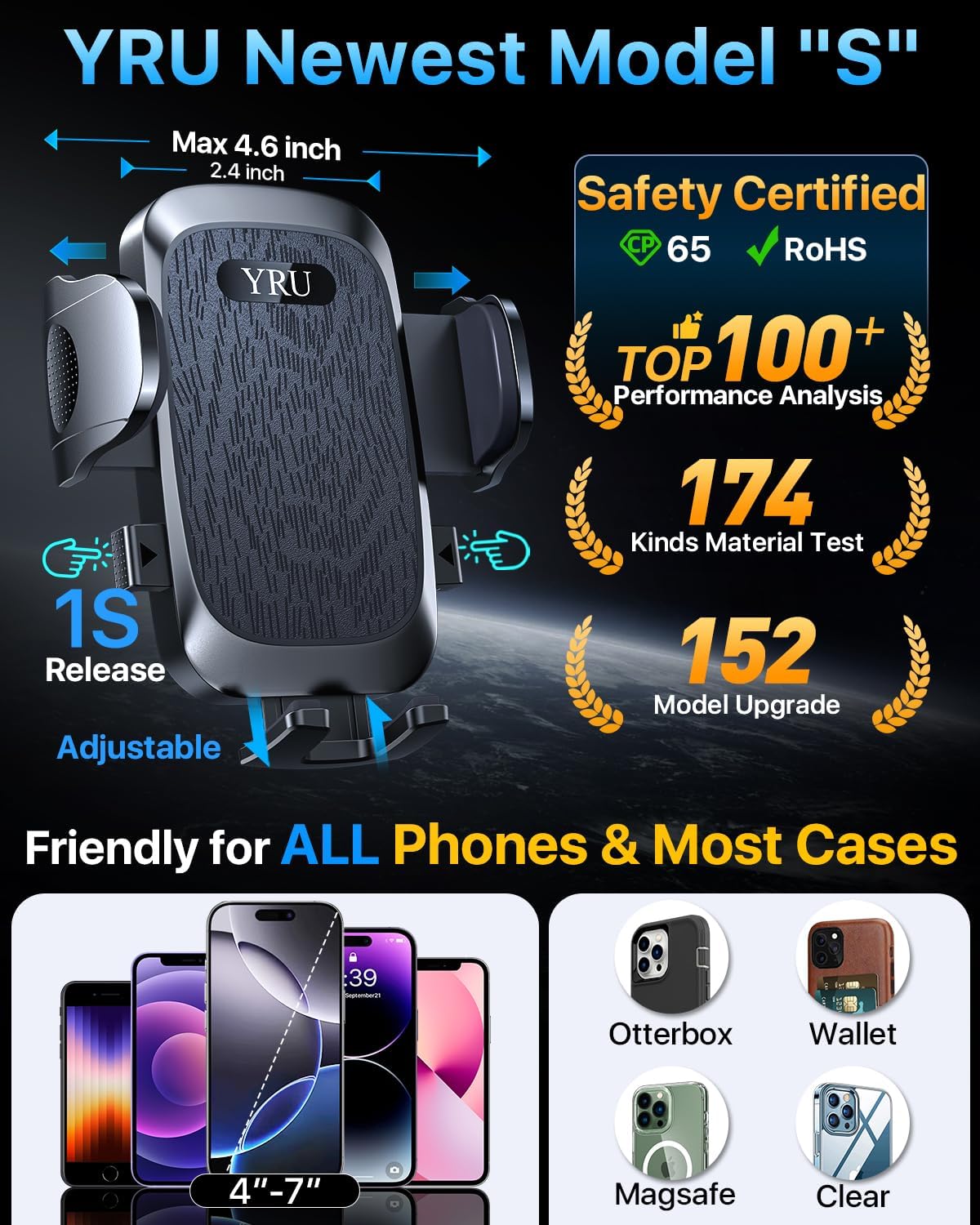 YRU [2025 Ultimate Car Phone Holder Mount [Bendable & Adjustable Aluminum Arm] Cell Phone Holder for Car Dashboard Windshield Phone Stand for iPhone 16 15 14 13 Pro Max Samsung Pickup Truck, Black