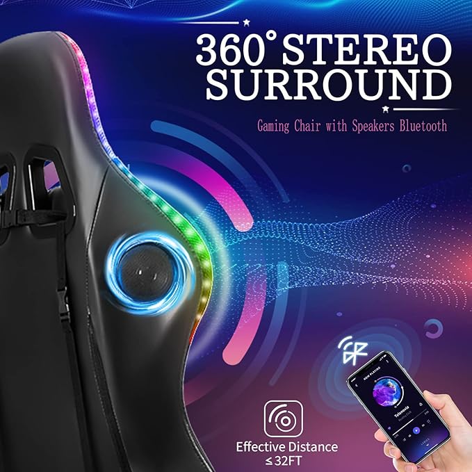 Gaming Chair Massage with Bluetooth Speakers and Led Lights Ergonomic Computer Gaming Chair with Footrest RGB Video Game Chair with High Back Lumbar SupportPink