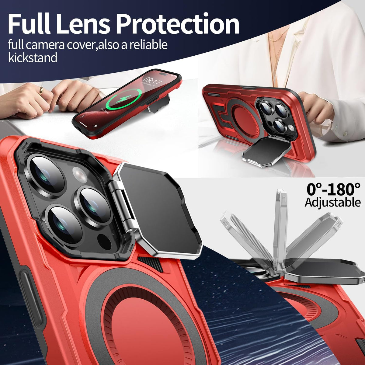 Camera Stand Case for iPhone 15 Pro, [Compatible with MagSafe] [Lens Cover] 2024 Version Military Grade Protective Soft Case for iPhone 15 Pro 6.1 inch Men Women, Red
