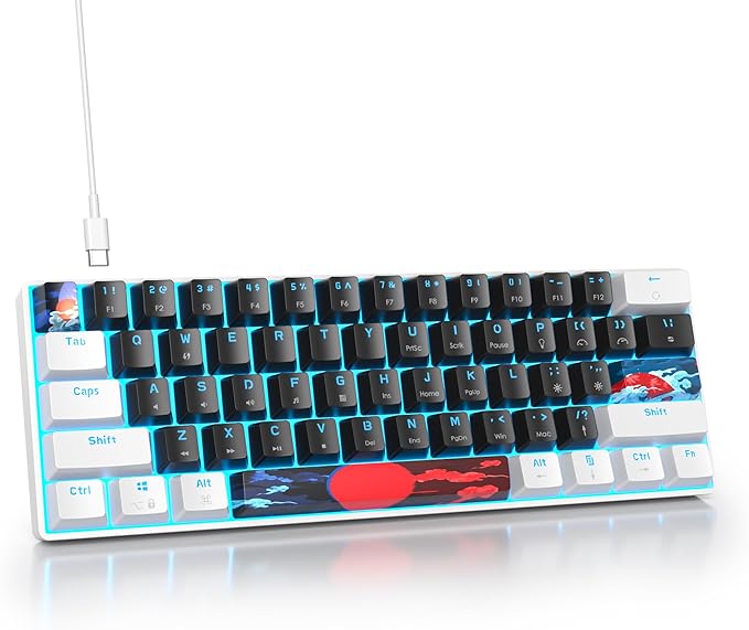 Protable 60% Percent Gaming Keyboard Mechanical Mini Compact Ice-Blue LED Backlit 61 Keys Wired Office Keyboard with Red Switch for Mac/Win/PS4/PS5(61Black/red Switch)