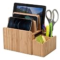 MobileVision Bamboo Charging Station with Extension Compartment for Smartphones, Tablets, & Laptops Charging Dock Plus Stationary Item Holder