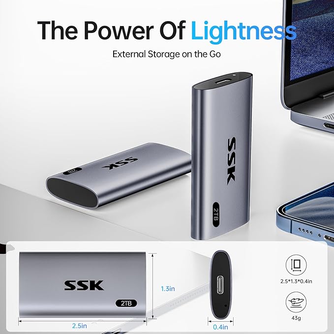 SSK 2TB SSD External Hard Drive Portable SSD Up to 550MB/s Fast Solid State Drives External Drive USB 3.2 Gen2 SSD for iPhone 15/Pro Windows Mac Android with LED Light Trim SMART Supported