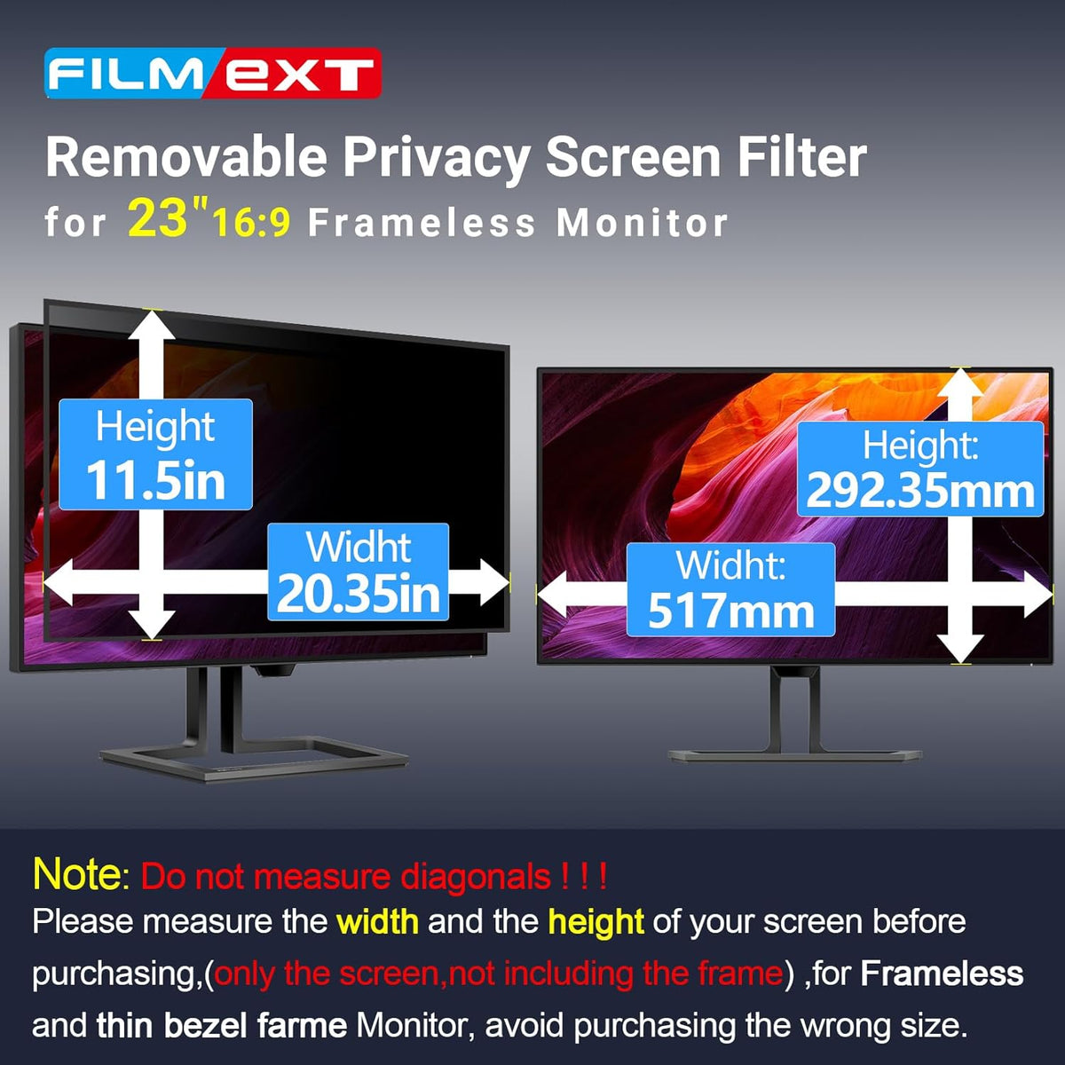 FILMEXT [2023 Upgrade Computer Privacy Screen Shield for 23 inch 16:9 Frameless Monitor, Anti Spy Blue Light Filter, Bubble Free, Easy On/Off Screen Protector for Computer Monitor