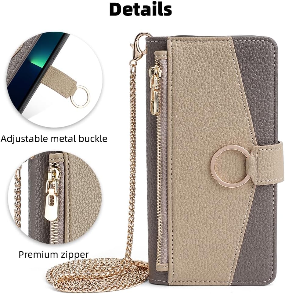 Asuwish iPhone 15 Pro Wallet Case 6.1" - Gray, with Screen Protector, Mirror Flip, Card Holder, Crossbody Strap, Stand.