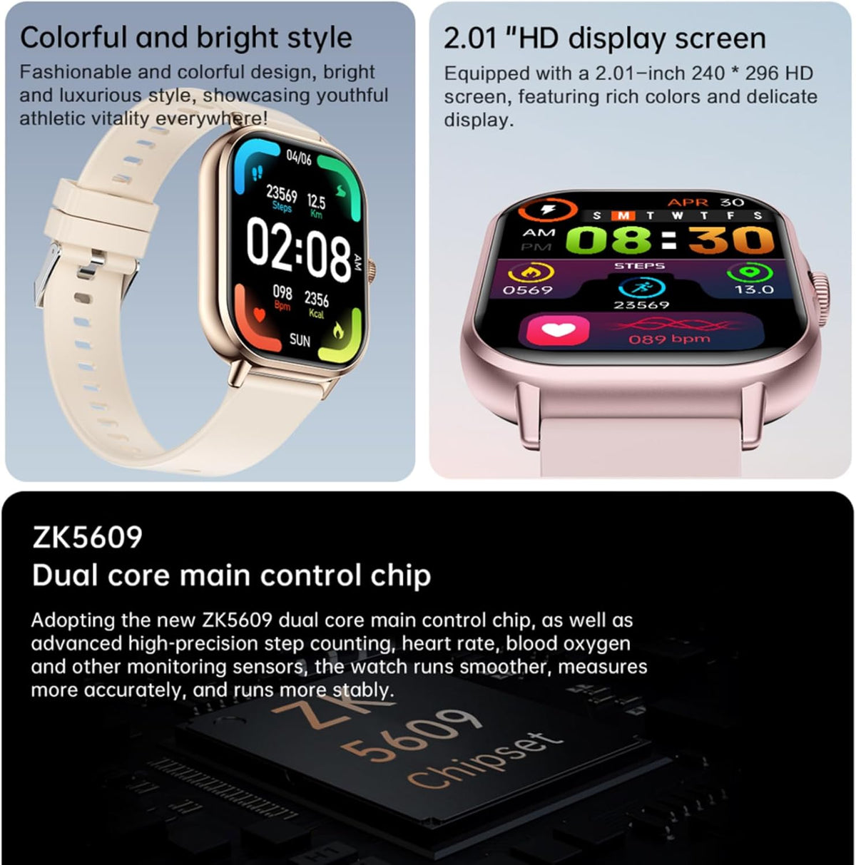 Smart Watch for Women Men, 2.01" Fitness Tracker with Heart Rate Monitor, IP67 Waterproof, Black for Android iOS Phones