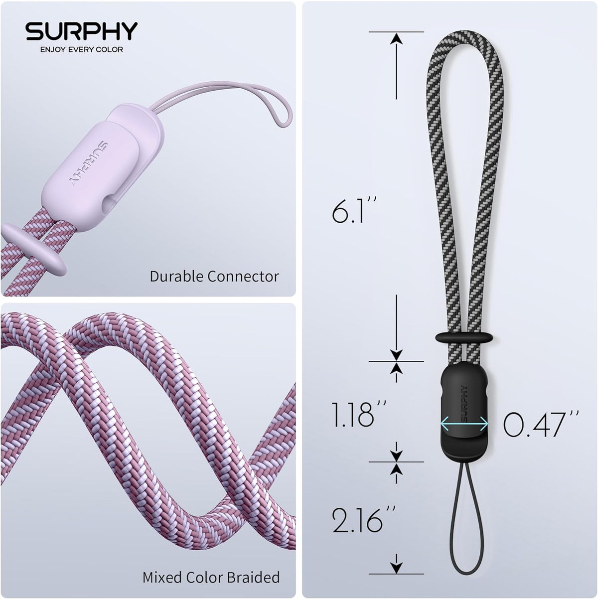 SURPHY 2 Pack Phone Lanyard for Cellphone Case, Phone Wrist Strap for Case, Cellphone Strap with 2-Color Braided, Charm Wrist Lanyard for Women, Cellphone Wrist Lanyard for Women, Black & Lilac