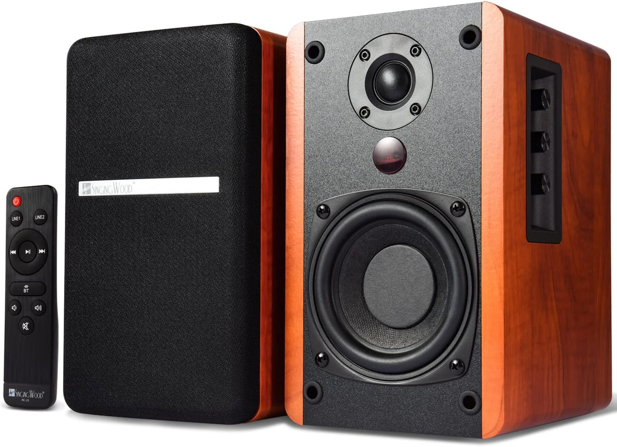 SINGING WOOD BT25 (2024 Version) Bluetooth Active Bookshelf Speakers for with Optical Aux inputs Subwoofer Line Out for PC, TVs, Turntable, Wooden Enclosure,80W - Cherry Wood