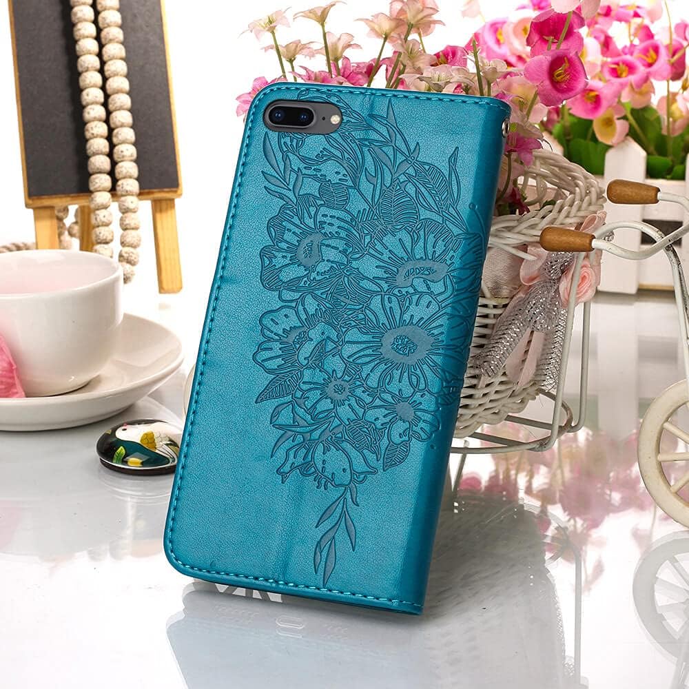 iPhone 7/8 Plus Wallet Case, Butterfly Floral Embossed, Card Holder Slots, Stand Leather Protective Flip Cover (Blue)