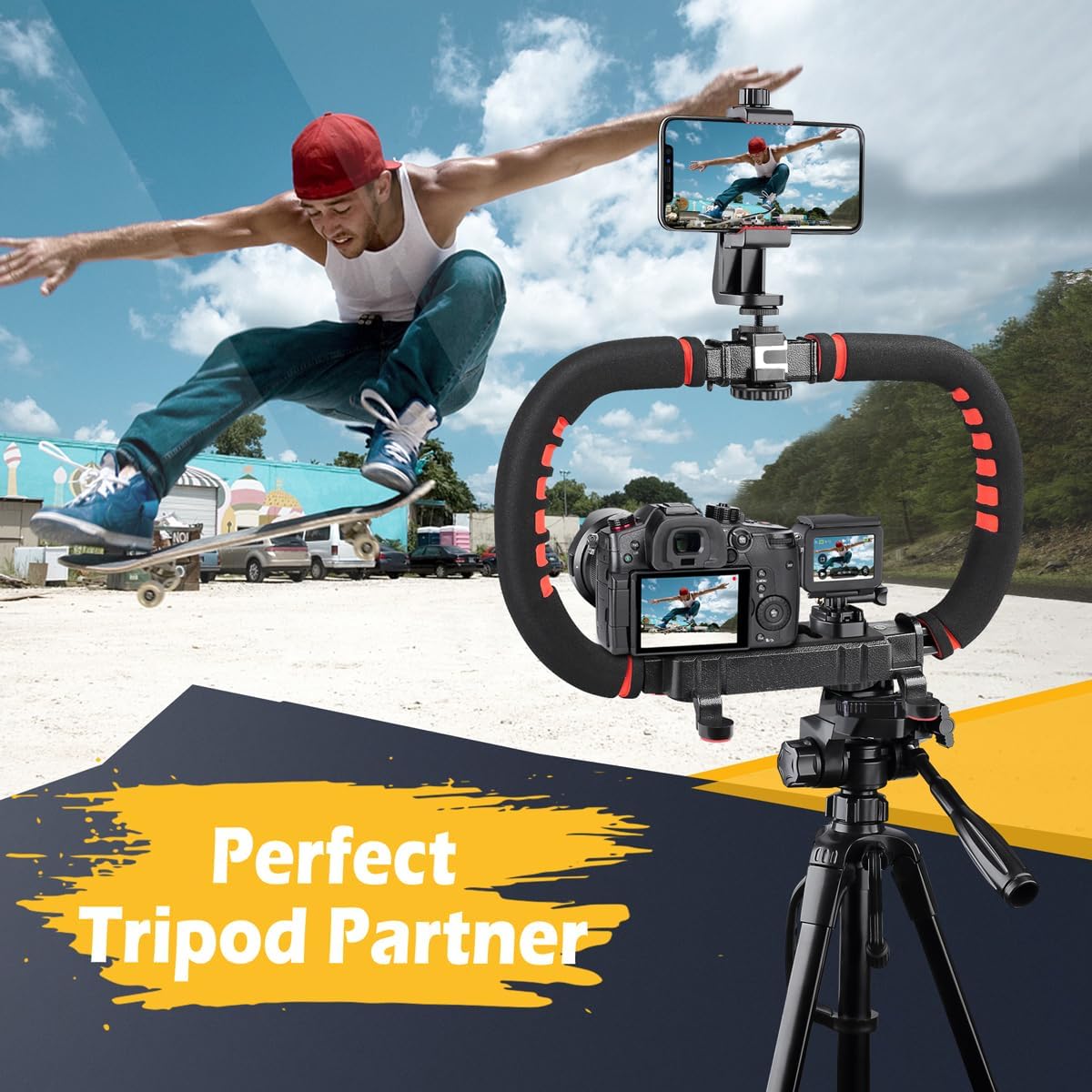 Camera Smartphone Stabilizer, Handheld Video Rig Grip with Carrying Case, Fits for All Camera, Camcorder, Action Camera, DSLR and All iPhone and Android Smartphones