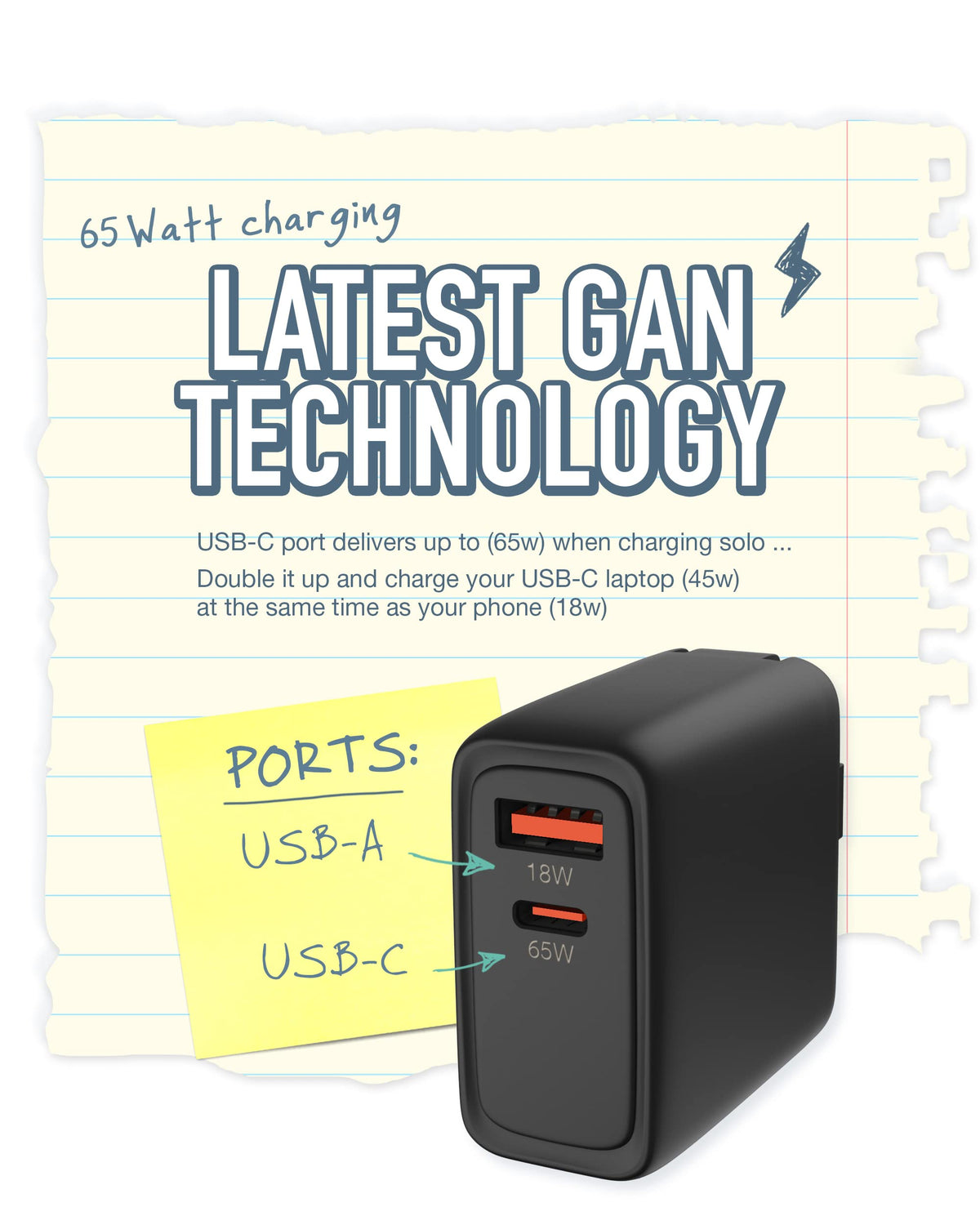 Smartish USB-C/USB Wall Charger for iPhone 17,16,15 & MacBook - Charge Shack-2 Port 65W Quick Charger - Type C Power Brick Wall Plug - Compatible