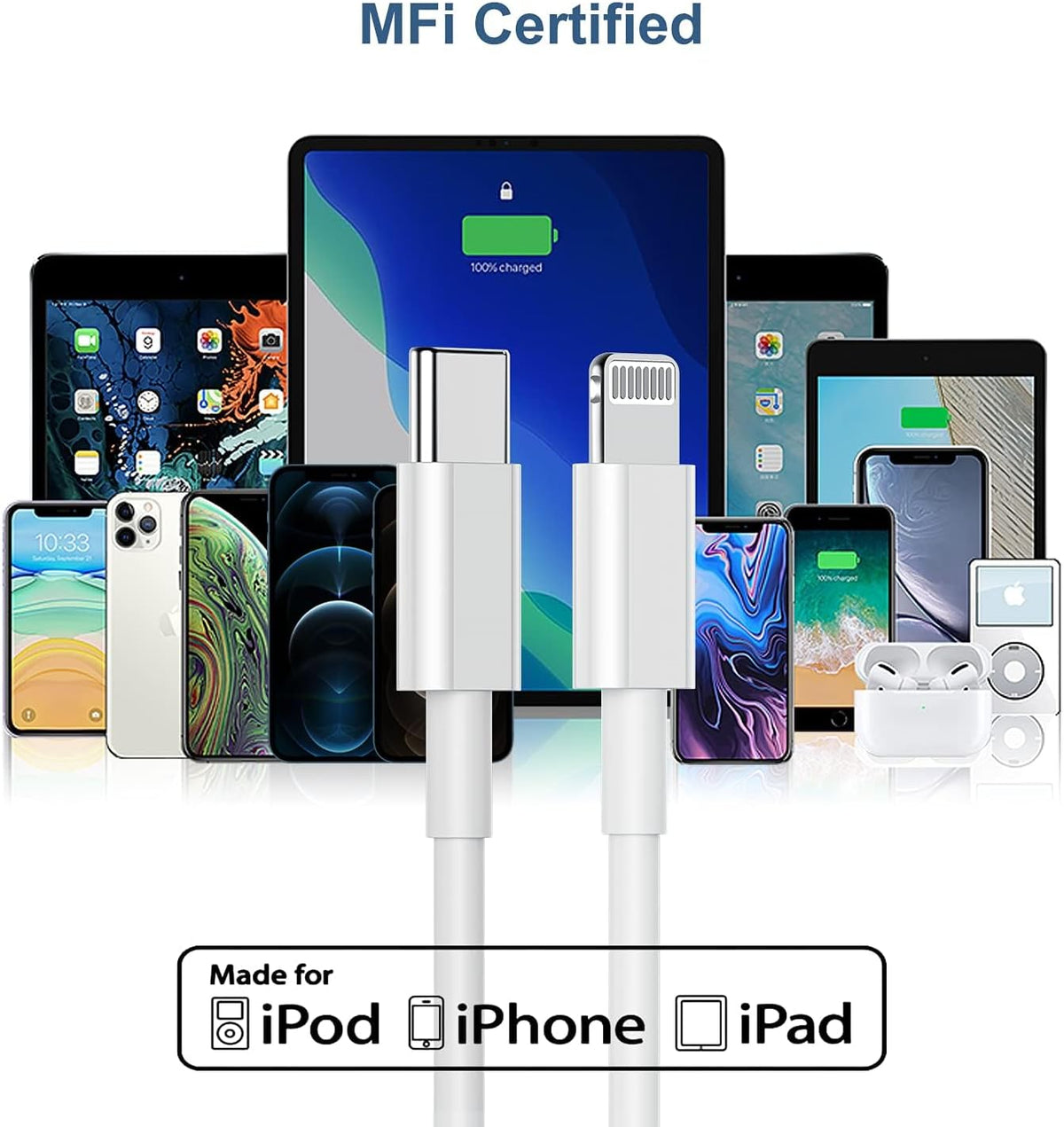 10FT iPhone 12 Charger Cable 2-Pack [MFi Certified], Fast Charging USB C to Lightning Cable for iPhone 12 Pro 11 Max