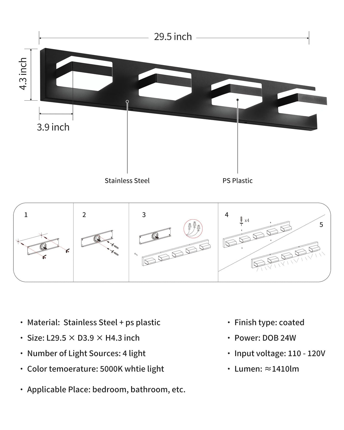 NEWSEE Bathroom Lighting Fixtures Over Mirror, 4 Light Bathroom Vanity Light Fixtures with Cool White 5000K, Matte Black LED Modern Vanity Wall Lights