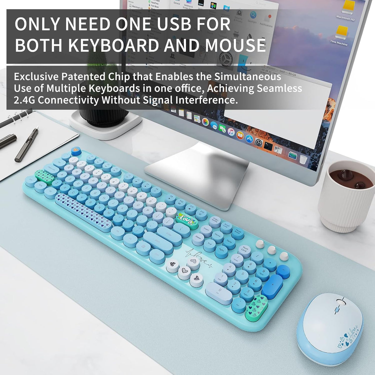 Wireless Keyboard and Mouse Set, 104 Round Keys Full-Size Cute Colorful Keyboard and Mouse with Retro Typewriter for PC/Mac/Laptop/Tablet/Computer/Windows Blue
