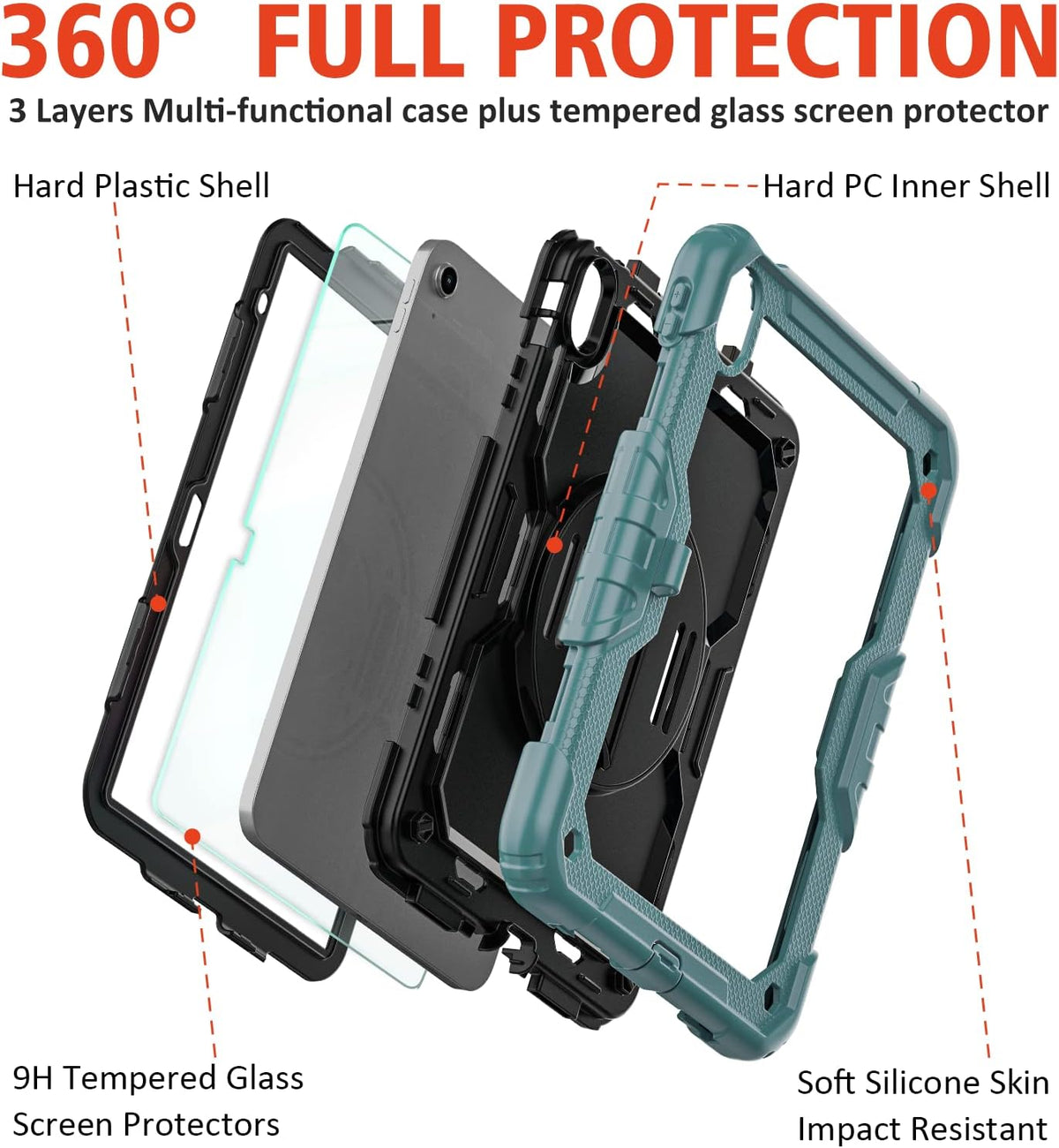 Ambison Case for iPad A16 11th/10th Generation 11"/10.9'' 2025/2022,Heavy Duty Shockproof Case with Tempered Glass Screen Protector, 360° Rotating Handle Strap&Stand,Shoulder Strap-Teal